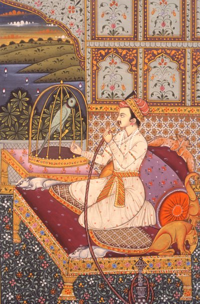 フーカを楽しむムガール王子の細密画（インド 作： School Indian