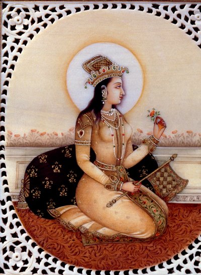 ムガル皇帝シャー・ジャハーンの妻ムムターズ・マハル王女の象牙細密画 作： School Indian