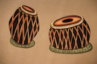 紙に描かれた細密画、インドの古典楽器タブラ 作： School Indian
