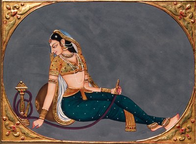 紙にミニチュア絵画 フッカーを楽しむ女性 作： School Indian