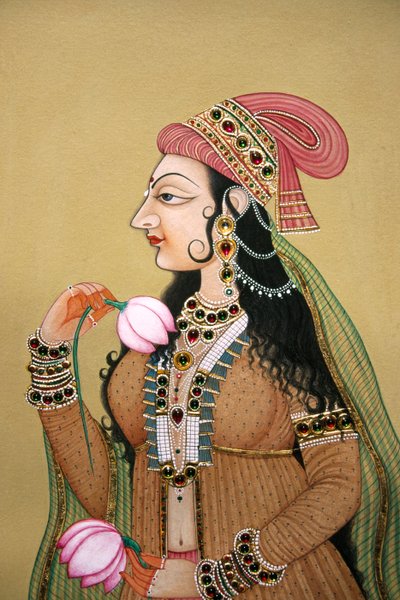 紙に描かれた細密画 ロイヤル・ムガル貴婦人の肖像 作： School Indian