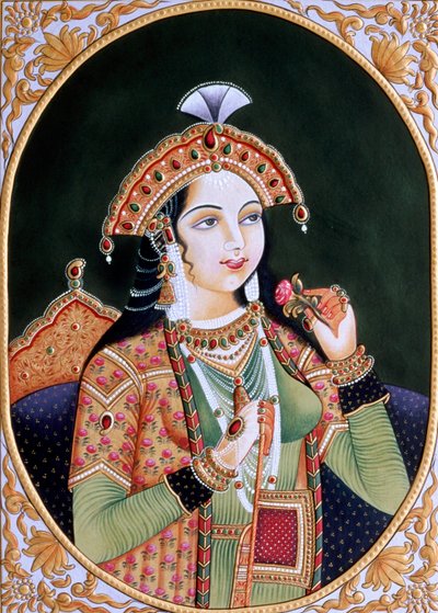 ムガール帝国皇帝シャー・ジャハーンの妻ムムターズ・マハル王女の紙本細密画 作： School Indian
