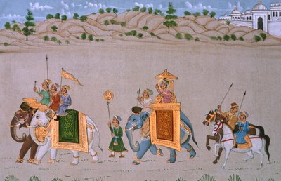 絹本細密画 王の行列 作： School Indian