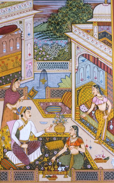 ムガール王朝時代の紙に描かれた細密画 飲み物を楽しむ王 作： School Indian
