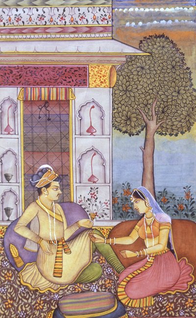 ムガール王朝時代の紙に描かれた細密画 飲み物を楽しむ王 作： School Indian