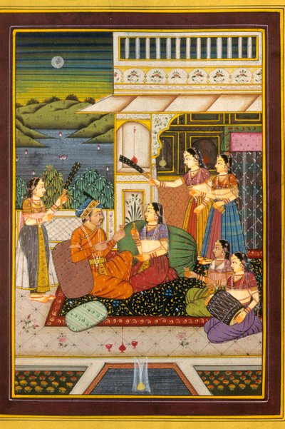 ムガール細密画、愛の情景、インド 作： School Indian