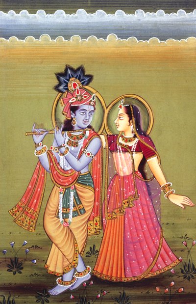 クリシュナ神と彼女の最も偉大な帰依者ラーダの絵画、インド 作： School Indian
