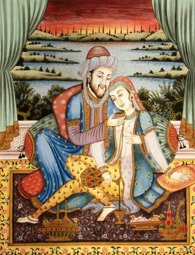 ムガル帝国の皇帝とその妻の恋の情景を描いた絵画、インド 作： School Indian