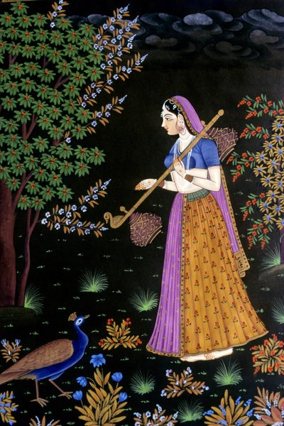 紙に描く、音楽を楽しむ女性、インド 作： School Indian