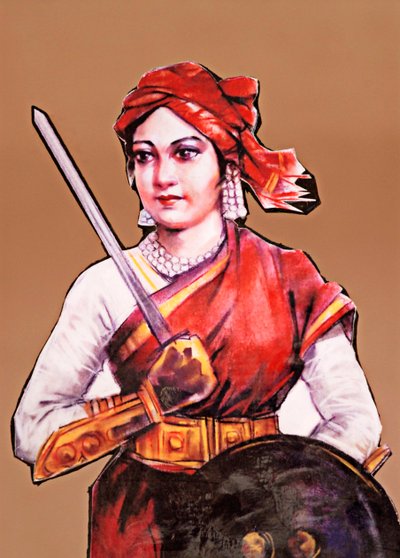 ラーニー・ラクシミバイ ジャンシー王妃の肖像 インド最初の独立戦争 インドの反乱 1857-58年の偉大な自由戦士 （カラーリトグラフ） 作： School Indian