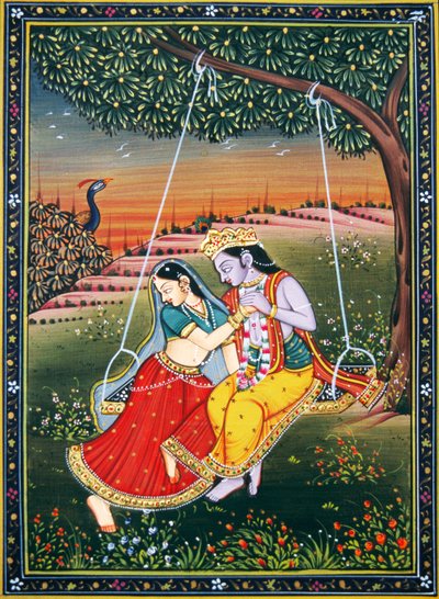 ジューラーを楽しむラーダ・クリシュナ 紙本小品画 作： School Indian