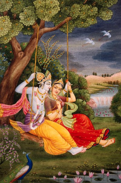 ジューラーを楽しむラーダ・クリシュナ 紙本小品画 作： School Indian