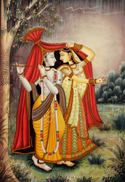 ラダ・クリシュナ ミニチュア絵画 モンスーン・オン・ペーパー 作： School Indian