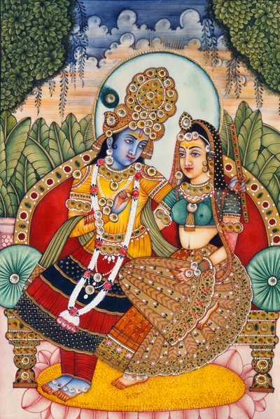 象牙に描かれたラダ・クリシュナの細密画 作： School Indian
