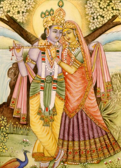象牙に描かれたラダ・クリシュナの細密画 作： School Indian