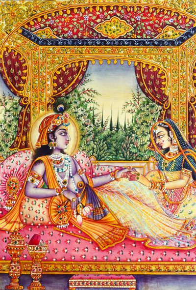 象牙に描かれたラダ・クリシュナの細密画 作： School Indian