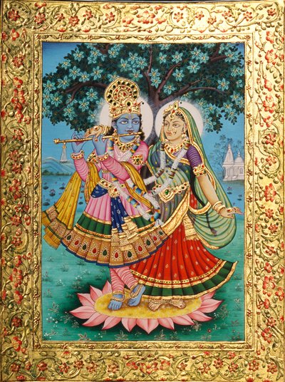 ラダ・クリシュナのミニチュア絵画、紙に金色のエンボス加工 作： School Indian