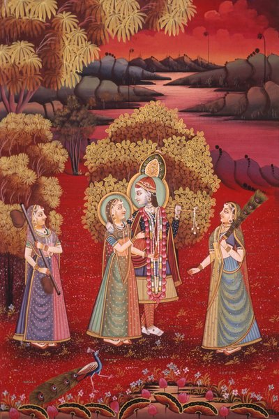 シルクに描かれたラダ・クリシュナの細密画 作： School Indian