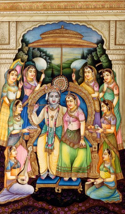 象牙に描かれたミニチュア絵画のラーダ・クリシュナ 作： School Indian