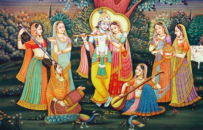 ラダ・クリシュナとサキーたち 音楽を楽しむ 作： School Indian