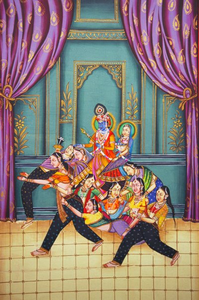 ラダ・クリシュナとサキスたち 紙本小品画 作： School Indian