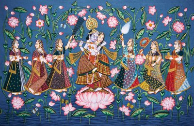 ラダ・クリシュナとサキスたち 紙本小品画 作： School Indian