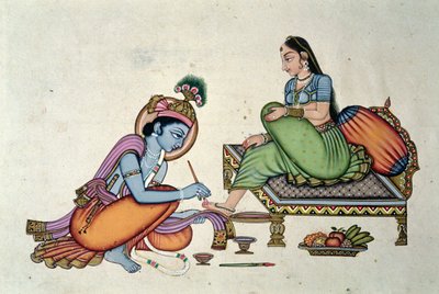 ラーダとクリシュナ（ガッシュ、水彩、紙） 作： School Indian