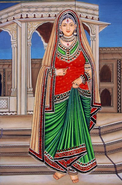 ラジャスタンの貴婦人の逢瀬 ミニチュア ペーパーペインティング 作： School Indian