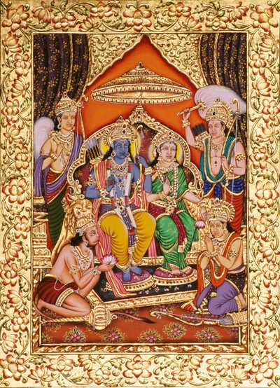 ラム・ダルバール、ミニチュア絵画、紙に金色のエンボス加工 作： School Indian