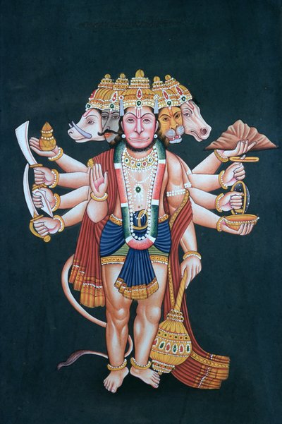 シュリ・パンチムキー・ハヌマーン（紙にグワッシュと水彩） 作： School Indian