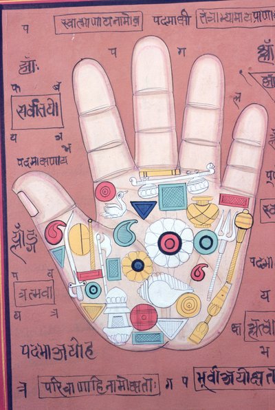 右手のタントラ図（ガッシュ、水彩、紙） 作： School Indian