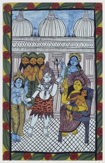 神々はクリシュナを賞賛しに来て、美しい子供の体であるガネーシャ（GaneshまたはGanapati）を母パールヴァティの膝の上に座らせて具現化します。パット：ベンガル地方の絵巻物で、バウル（Baul）という歌手の物語の媒体としての役割を果たす。レオナルド・デ 作： School Indian