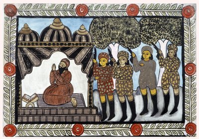 ベンガルの行商人バウルが語る2001年9月11日の同時多発テロの物語。絵画、シリーズ、番号1/9、ベンガル。 作： School Indian