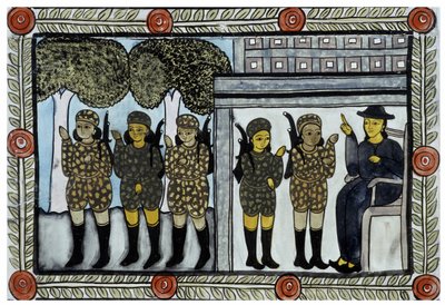 ベンガルの行商人バウルが語る2001年9月11日の同時多発テロの物語。絵画、シリーズ、番号4/9、ベンガル。 作： School Indian