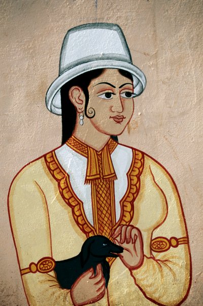 子犬を連れた英国婦人の壁画、ジャイプール、ラジャスタン、インド 作： School Indian
