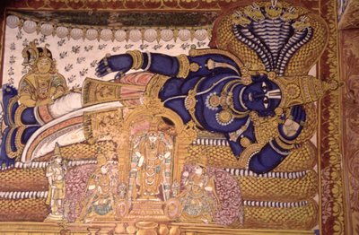 蛇の上で休むヴィシュヌ神の壁画（フレスコ画） 作： School Indian