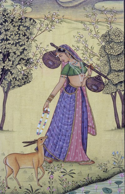 ルドラ・ヴィーナと花輪を持つ女性 インド細密画 作： School Indian