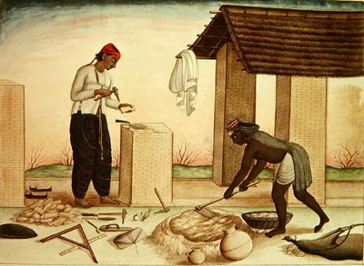 家を建てる労働者（紙にペン＆インク、水彩） 作： School Indian