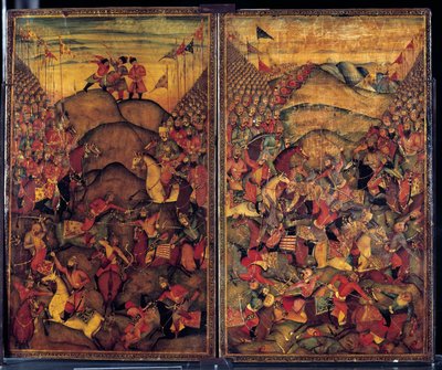 戦闘シーン。17世紀に描かれたインド・イラン系の絵画。パリ装飾美術博物館 作： School Iranian
