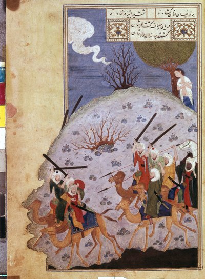 イランの巨匠によるナウファルとライラの部族の戦いを見守るマジュヌーン。(紙に水彩、ガッシュ、ホワイトカラー、インク 作： School Iranian