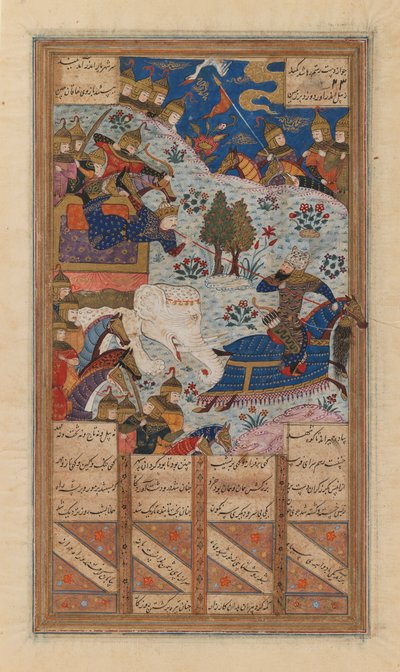 Rustam Lassoes the Khagan of China、Firdausi の Shah-Nama の写本からのフォリオ、15 世紀後半から 16 世紀初頭 (紙にインク、不透明水彩 & 金) 作： School Iranian