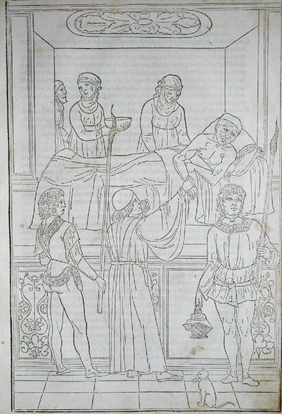 ヨハネス・デ・ケタムの「Fascilulus Medicinae」より患者を訪ねる医師（1490年頃）15～16世紀（木版画 作： School Italian