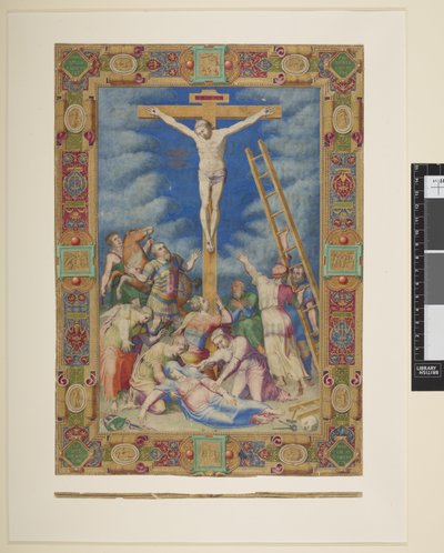 MS 21412 Pius IV Box 6 f.90 The Crucifixion of Christ、「イタリアの写本から切り出された細密画と縁取りのコレクション....」（ベラム紙にインク、色、金）を追加 作： School Italian