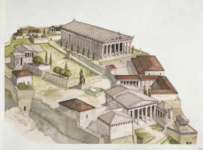 古代アテネ-アクロポリスの復元、紀元前5世紀（カラーリトグラフ） 作： School Italian