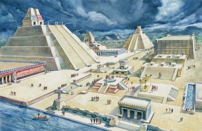 ピラミッドにかかる雲、テンプロ・マヨール、テノチティトラン、メキシコシティ、メキシコ（カラーリトグラフ 作： School Italian