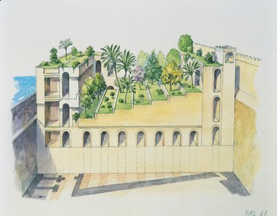 バビロンのネブカドネザル宮殿、空中庭園付き（カラーリトグラフ） 作： School Italian