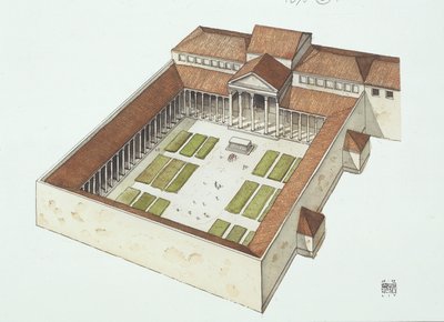 タイタス・フラウィウス・ヴェスパシアヌスが建設したフォーラムの復元（カラーリトグラフ 作： School Italian