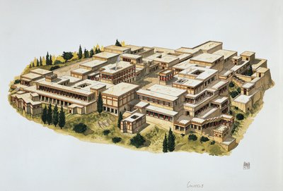 クレタ島クノッソス宮殿の復元図（紀元前20世紀）（カラーリトグラフ 作： School Italian