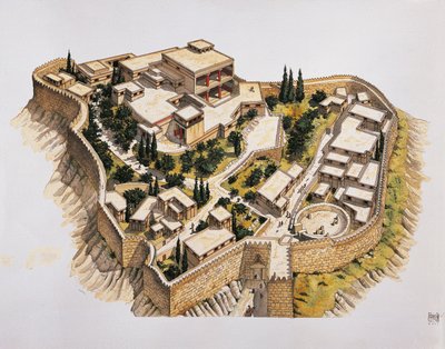 古代ミケーネの復元図（カラーリトグラフ 作： School Italian
