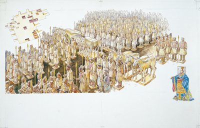 秦の始皇帝の墓にある兵馬俑（カラーリトグラフ 作： School Italian